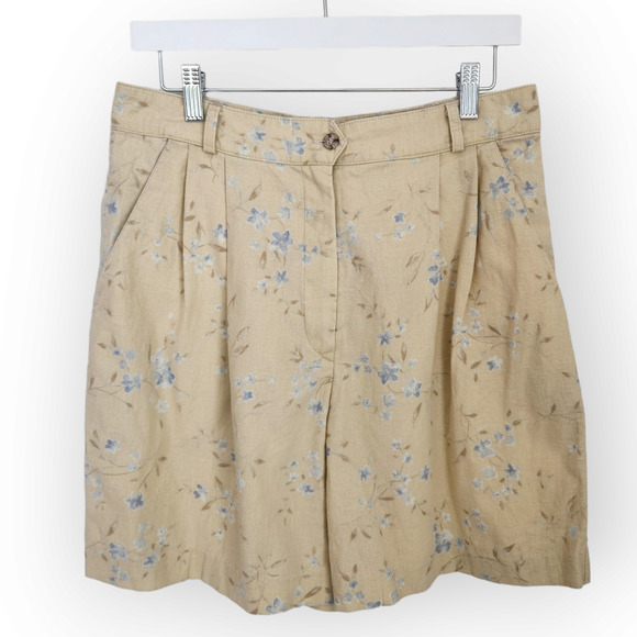 American Vintage Pants - Vintage Tehama Pale Yellow Floral Linen Cotton Pleated High Waisted Shorts 29